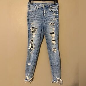 American Eagle Super High Rise Denim Jeggings Distressed Stone Wash Women’s 10